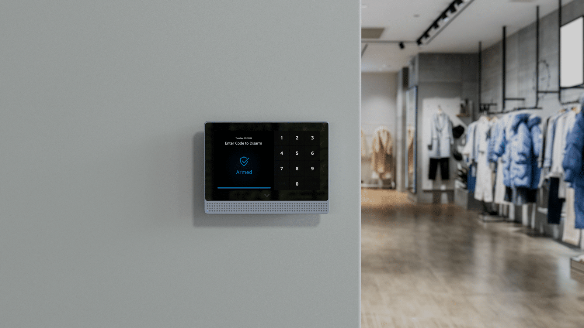 Verkada BP41 alarm panel installed in a retail environment, providing cloud-managed intrusion detection with wired sensor support and remote monitoring through Verkada Command — available through FSET Inc's Verkada partner program for public sector, non-profit, and private sector organizations across Canada.