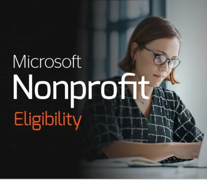 A woman wearing glasses works on a laptop. Beside her, text reads Microsoft Nonprofit Eligibility and highlights Microsoft nonprofit licensing Canada on a dark background.
